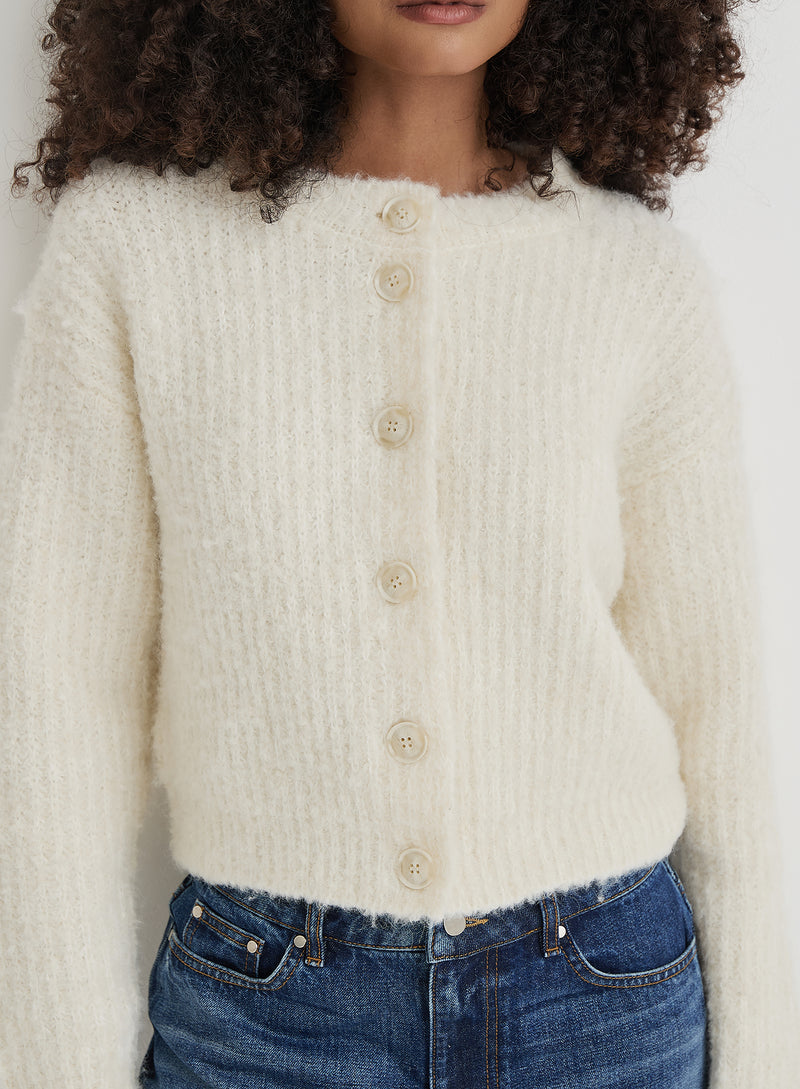 Cream Fluffy Knit Crew Neck Cardigan- Kinsley