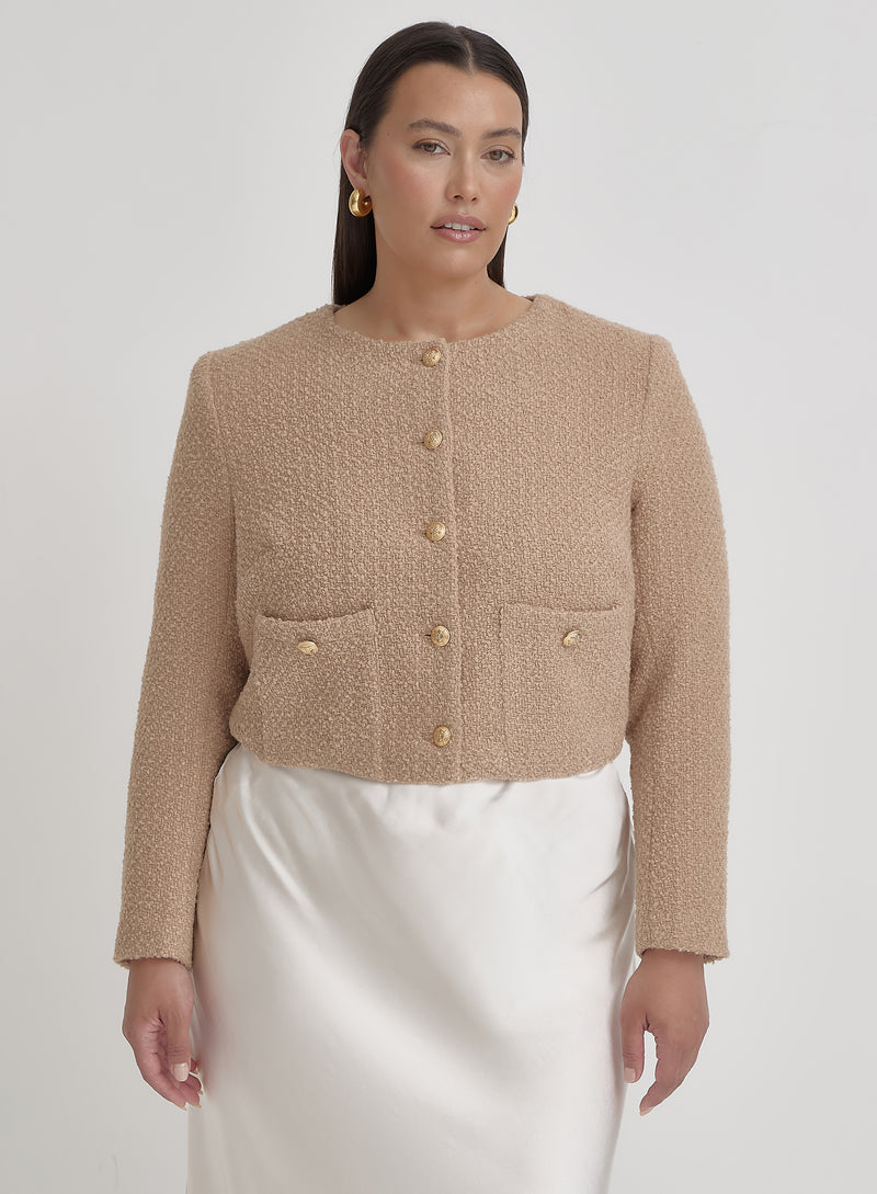 Camel Plus Size Tweed Wool Jacket- Helena