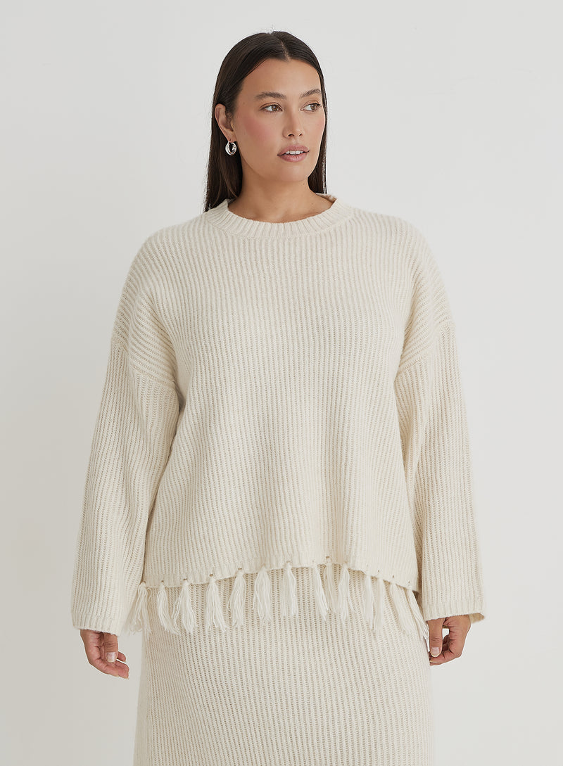 Cream Curve Oversized Tassle Trim Jumper- Fallon