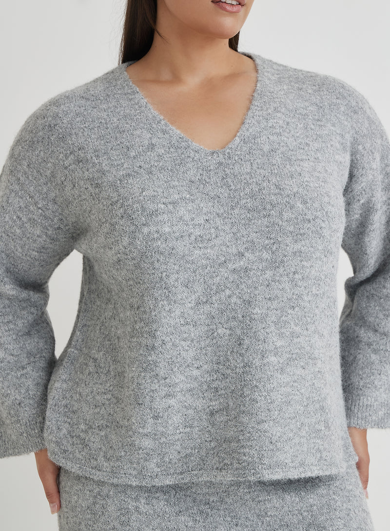 Grey Curve V Neck Knitted Jumper- Cadence