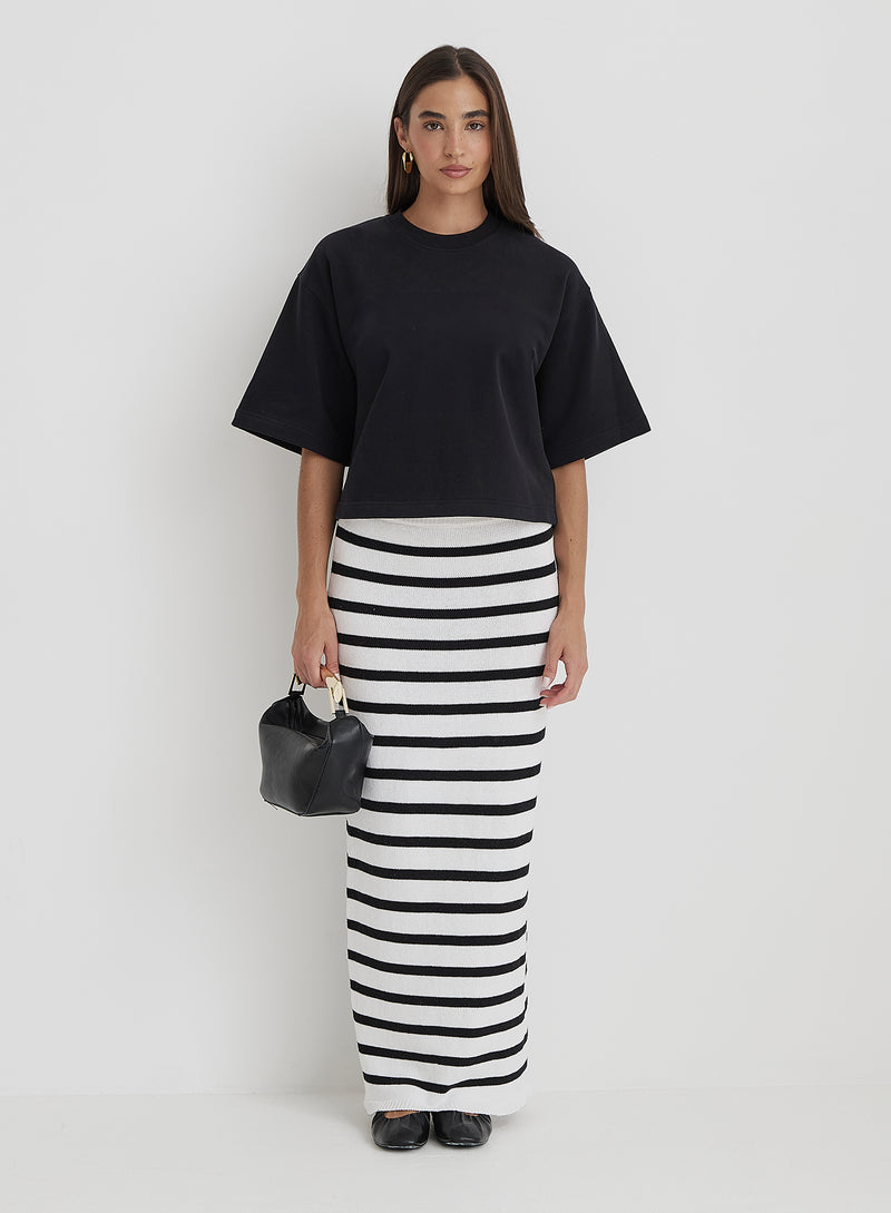 Black And White Stripe Knit Maxi Skirt- Rico