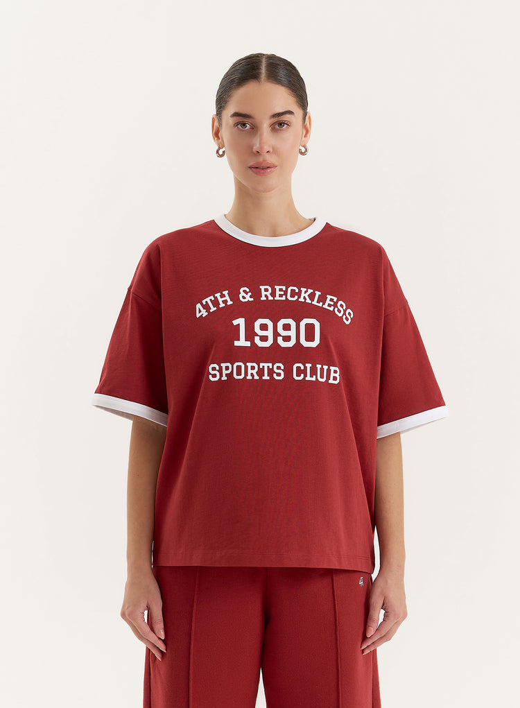 Red Contrast Trim Slogan T-Shirt- Kayleigh