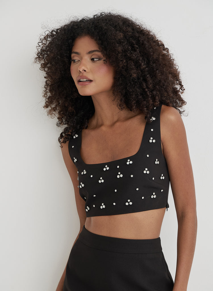 Black Embellished Crop Top- Sara