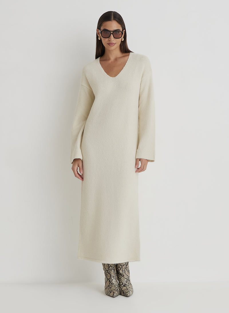 Cream v neck dress best sale