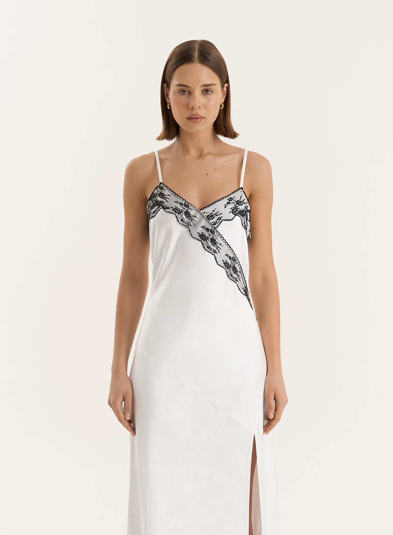 White Lace Detail Satin Slip Maxi Dress- Merida