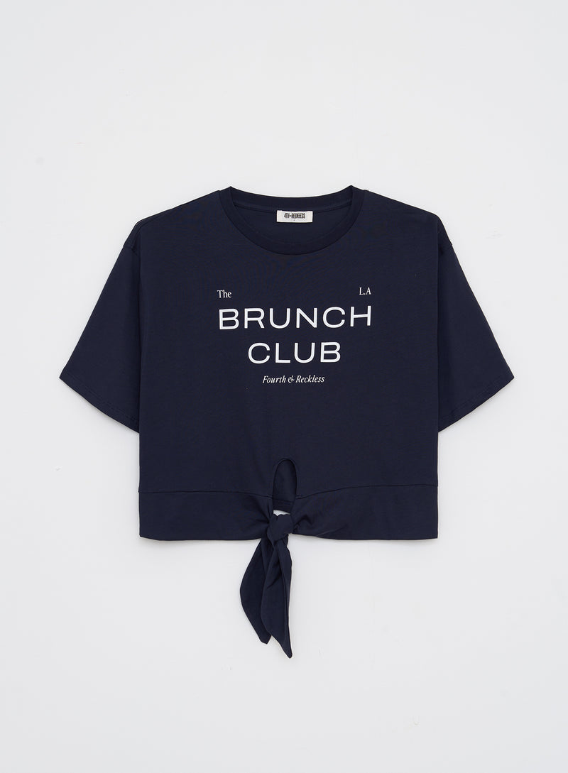 Navy Tie Front Brunch Club T-Shirt- Ellira