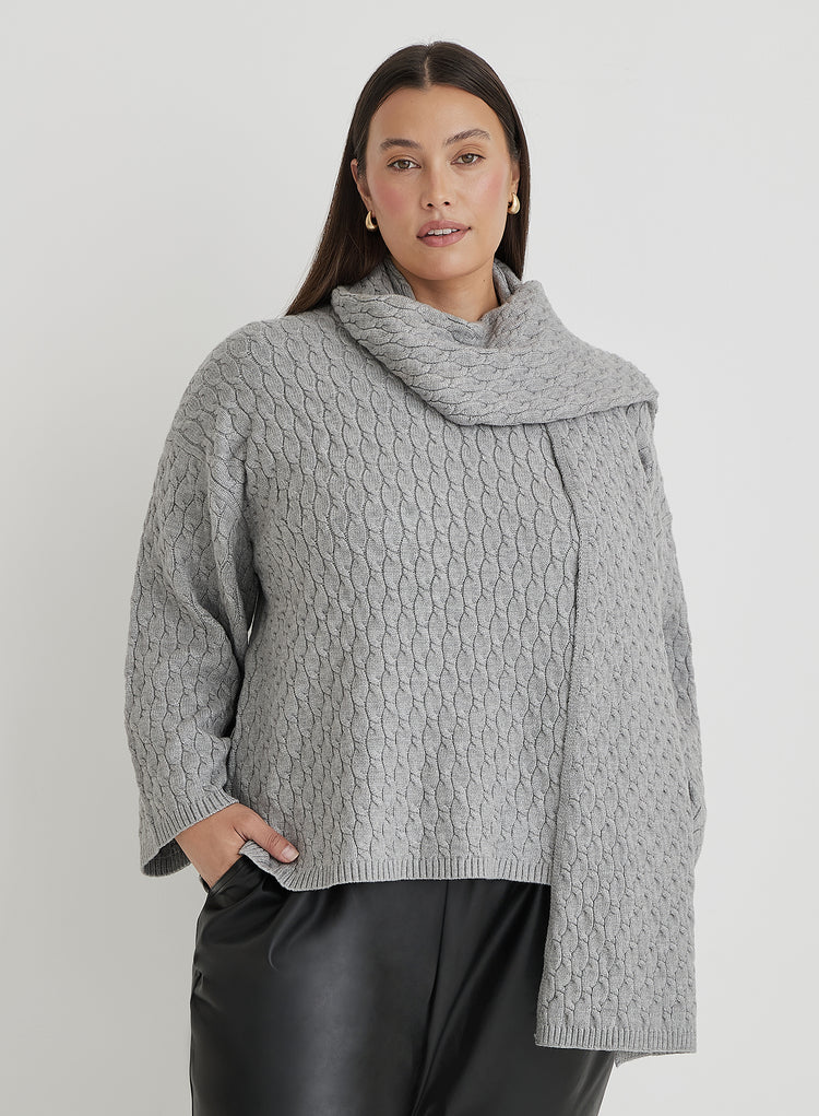 Grey Curve Cable Knit Jumper With Scarf- Gabriel