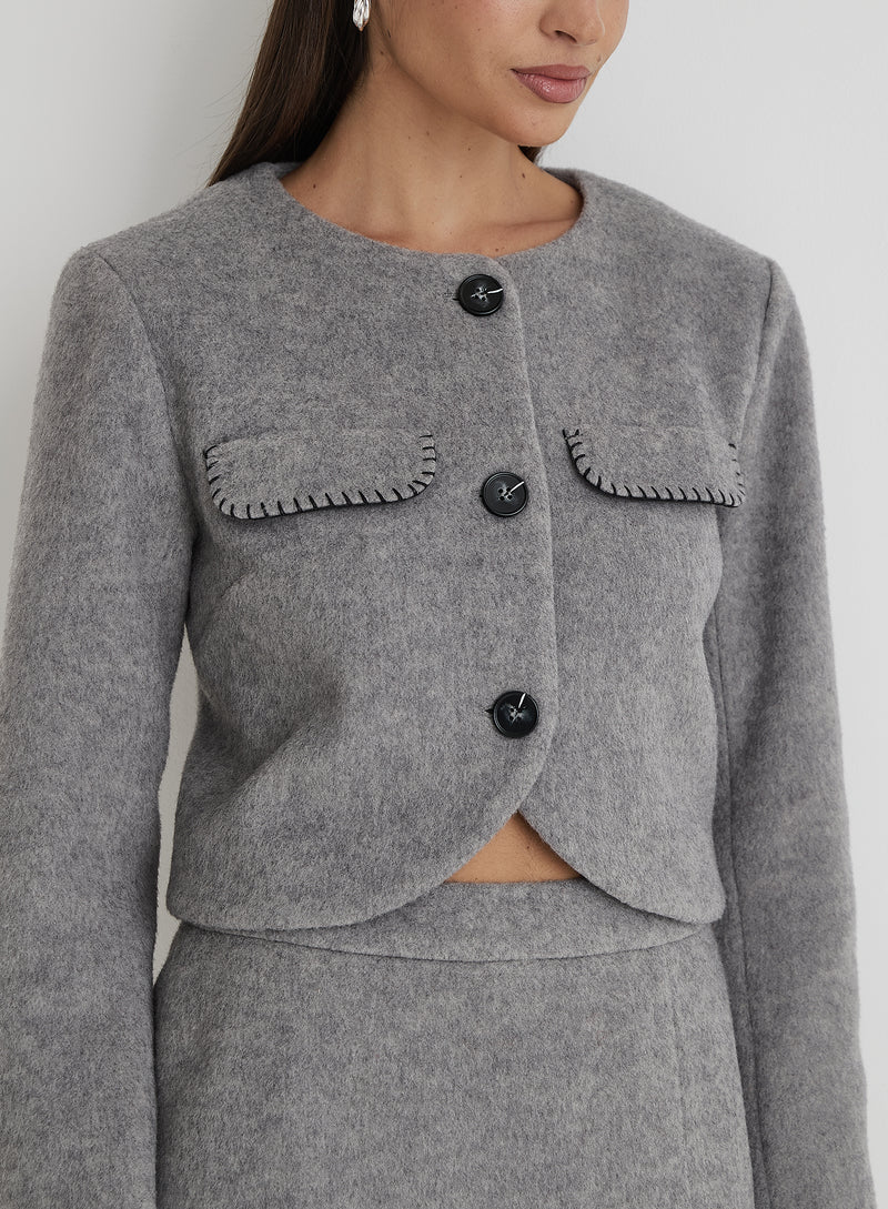 Grey Wool Contrast Pocket Cropped Jacket- Mable