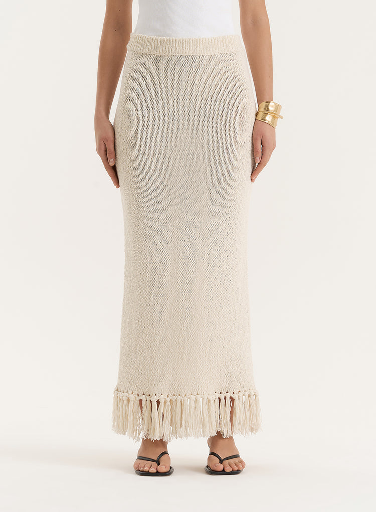 Beige Knitted Tassel Trim Maxi Skirt- Lauryn