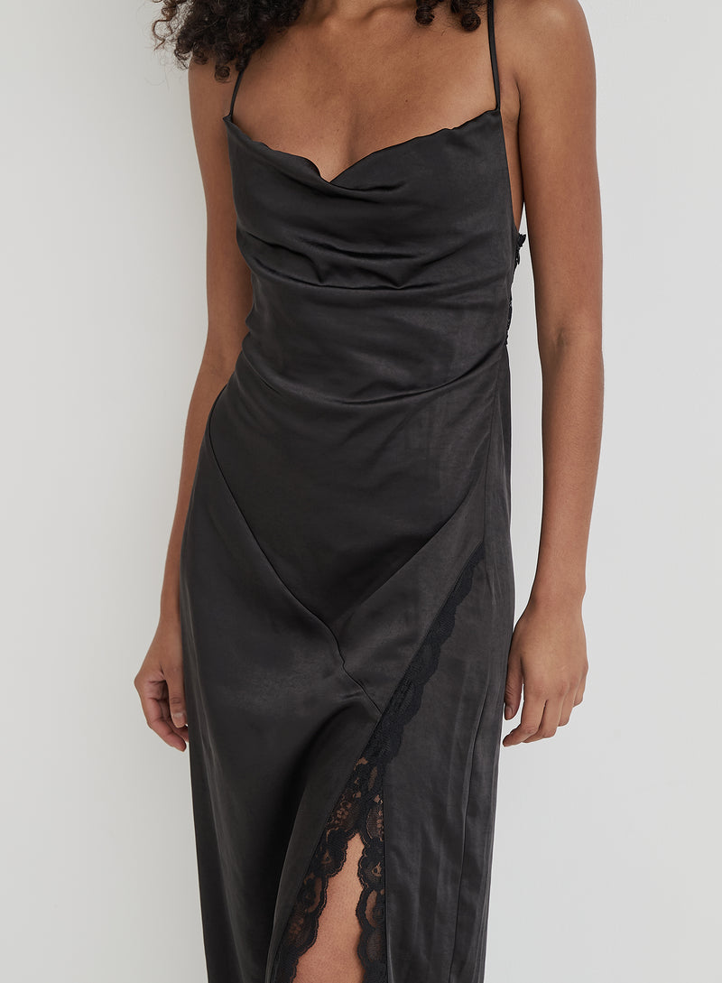 Black Satin Side Split Maxi Dress- Kacie