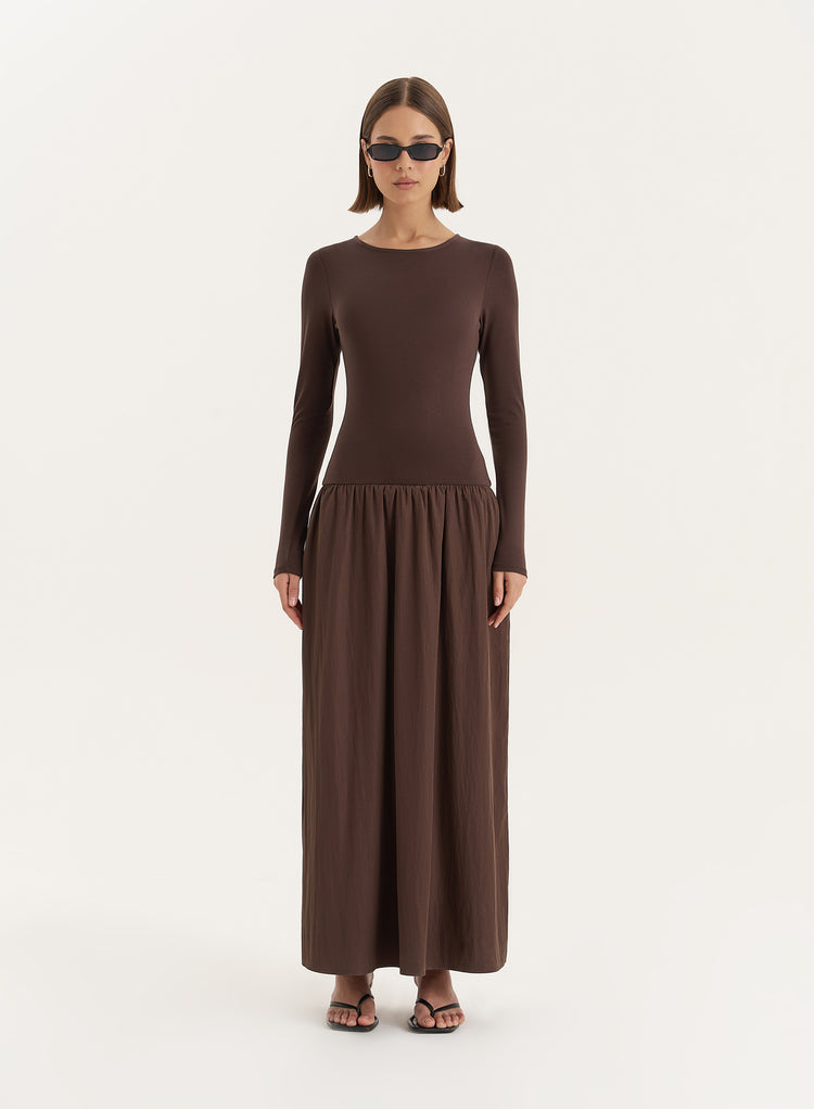 Chocolate Contrast Long Sleeve Maxi Dress- Rosie