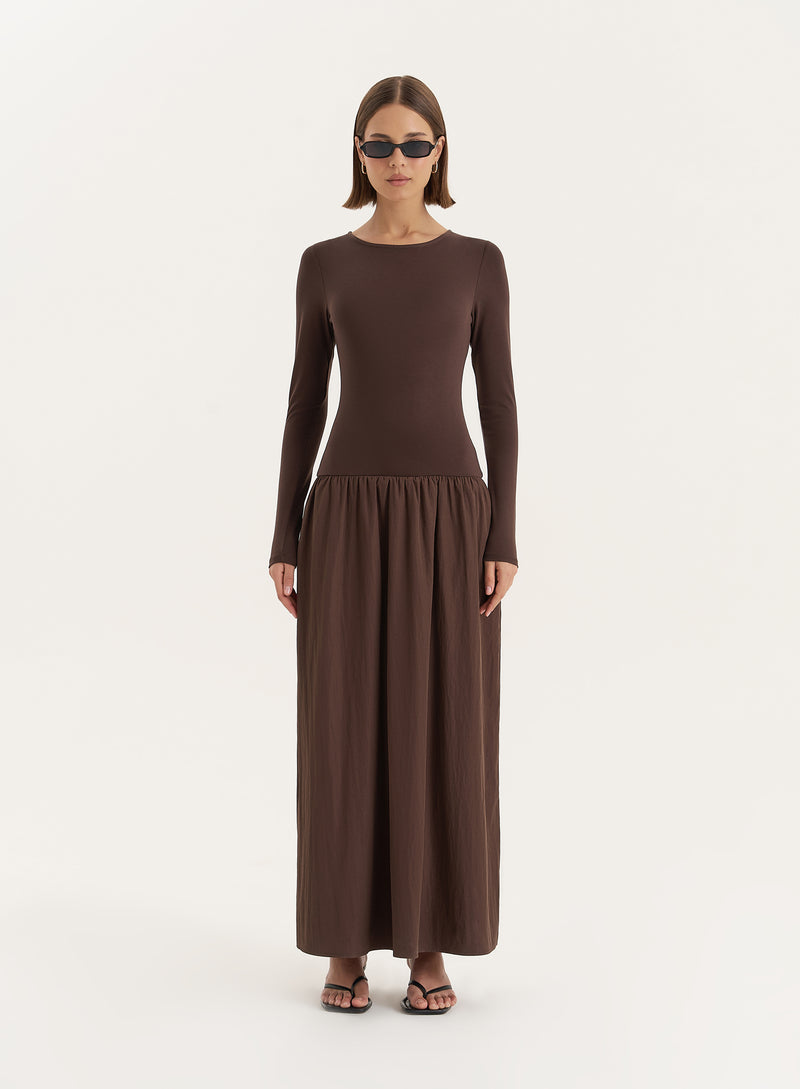 Chocolate Contrast Long Sleeve Maxi Dress- Rosie