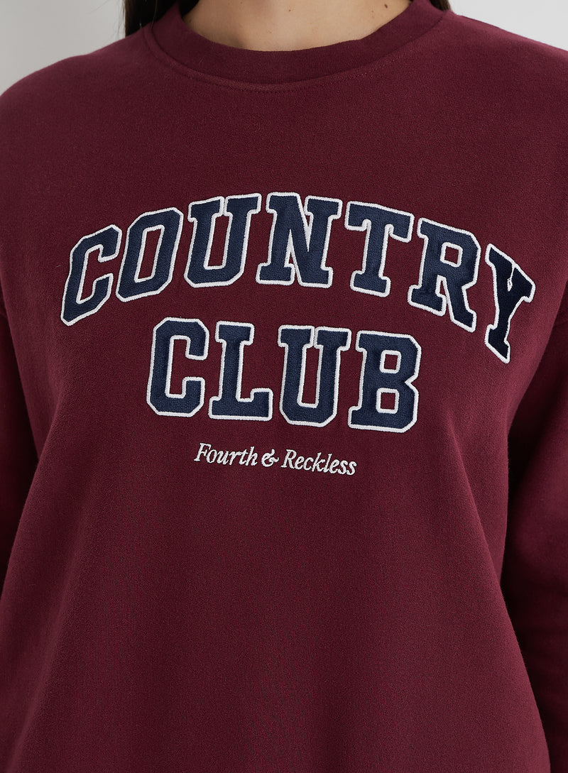 Burgundy Country Club Slogan Classic Longline Sweatshirt- Charli