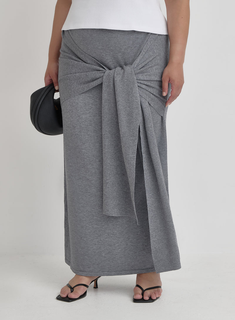 Grey Plus Size Knit Tie Front Maxi Skirt- Alana