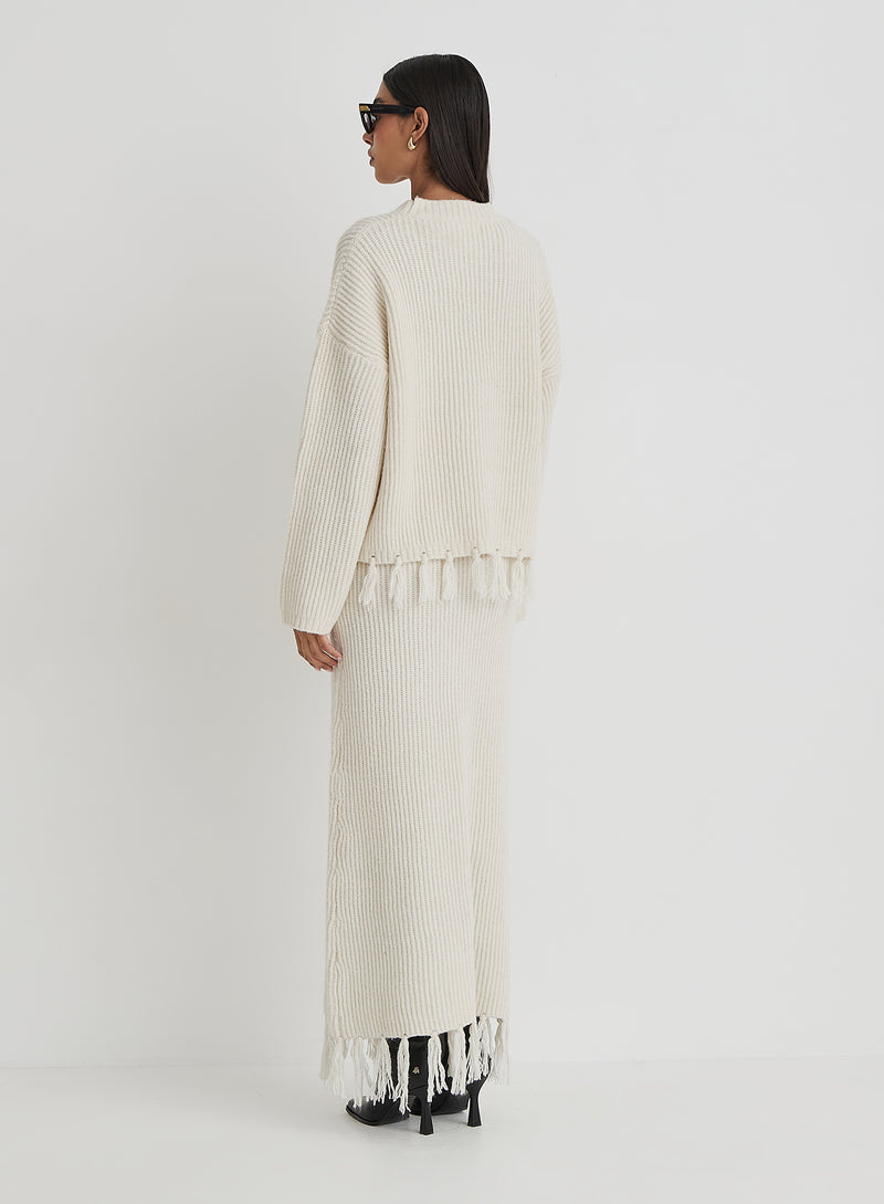 Cream Knit Tassle Trim Maxi Skirt- Fallon