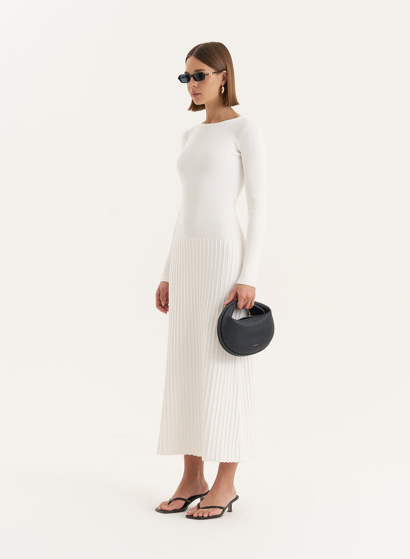 White Rib Knit Tie Back Detail Maxi Dress- Adele