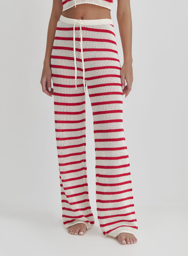 Red And White Striped Knitted Trouser- Lior