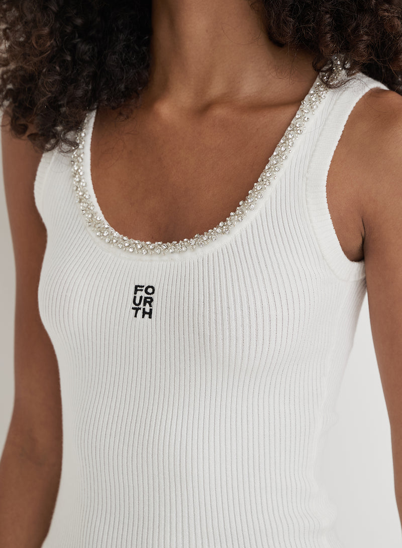 White Embellished Trim Branded Vest Top- Renya