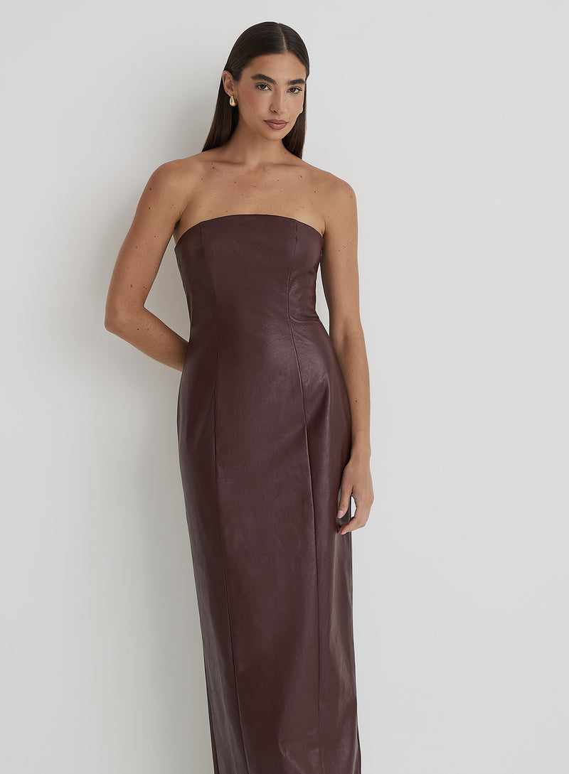 Burgundy Faux Leather Bandeau Maxi Dress- Karina