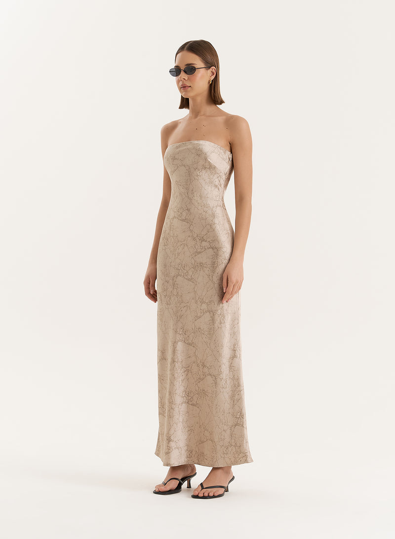 Beige Print Bandeau Satin Maxi Dress- Shona