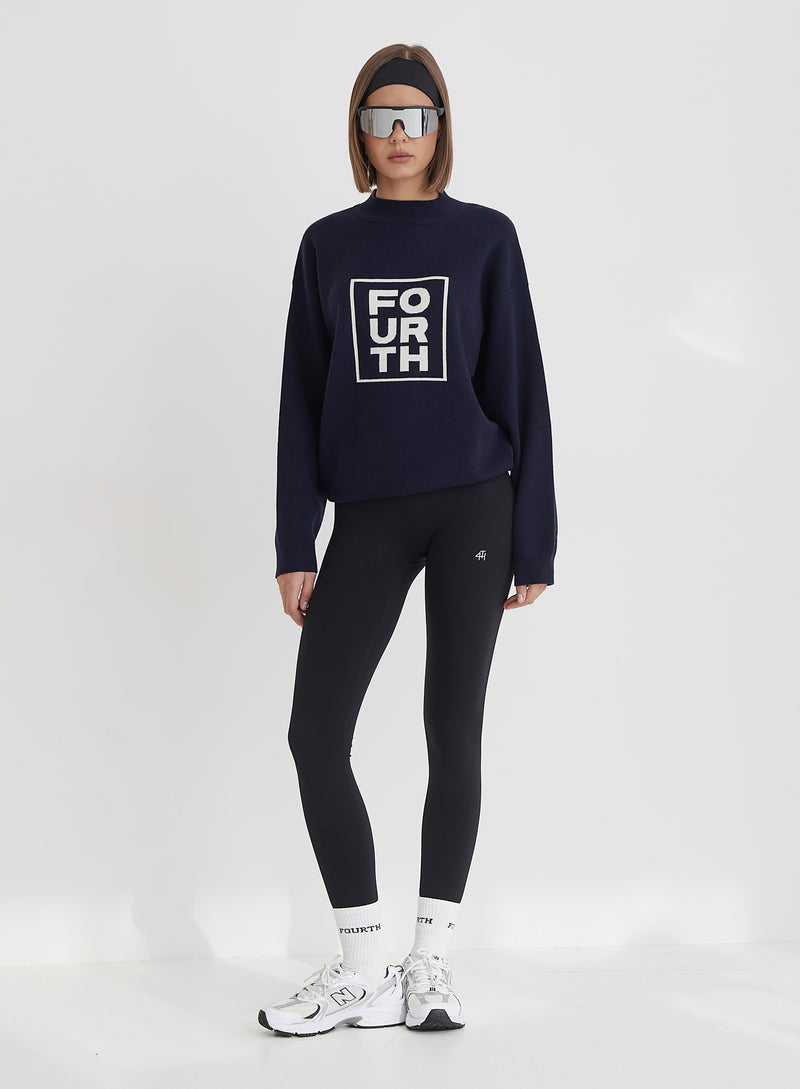 Navy Funnel Neck Branded Cropped Jumper- Valene