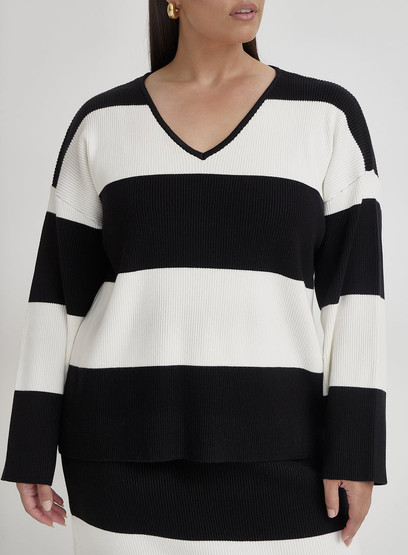 Black And Cream Curve Stripe Knitted Jumper- Jacqueline