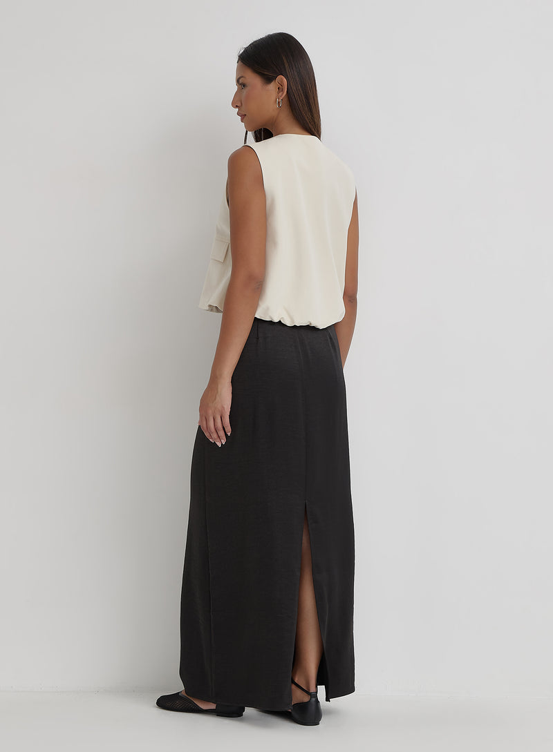 Black Satin Back Split Maxi Skirt- Alis