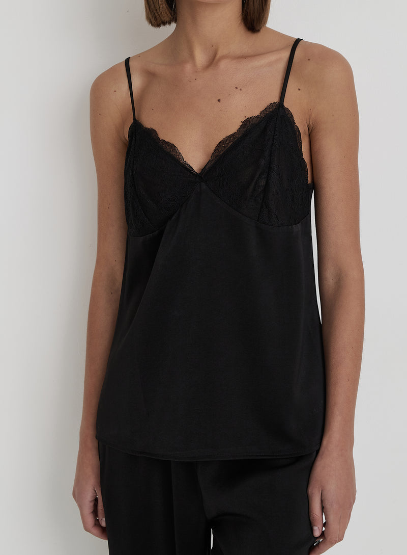 Black Satin Cami Pyjama Top- Belle