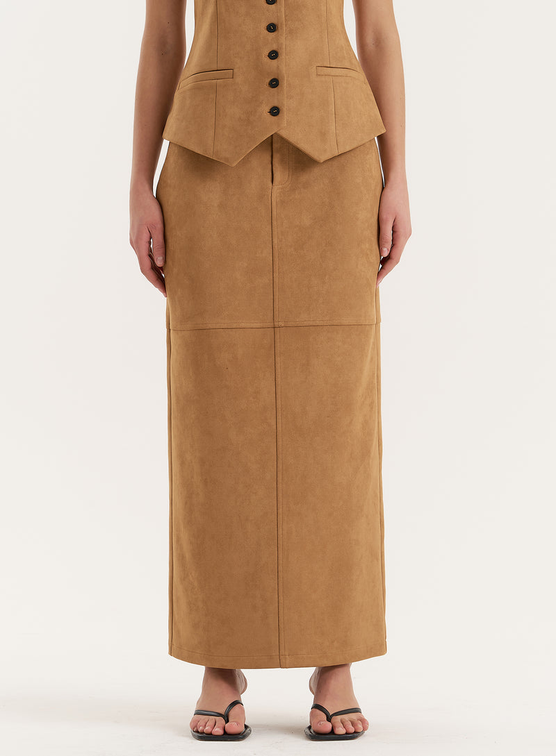 Tan Faux Suede Maxi Skirt- Stephy