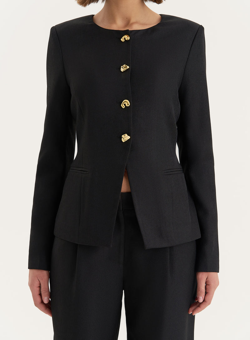 Black Tailored Gold Button Front Split Blazer- Polly