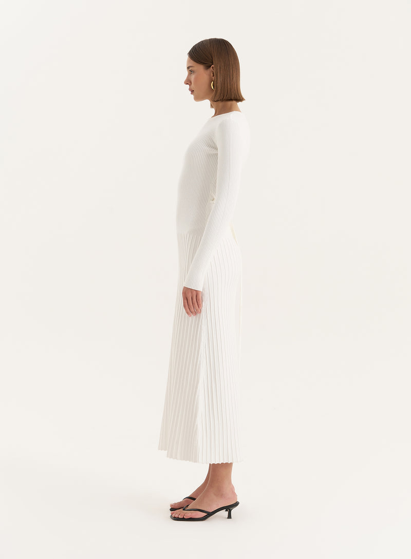 White Rib Knit Tie Back Detail Maxi Dress- Adele