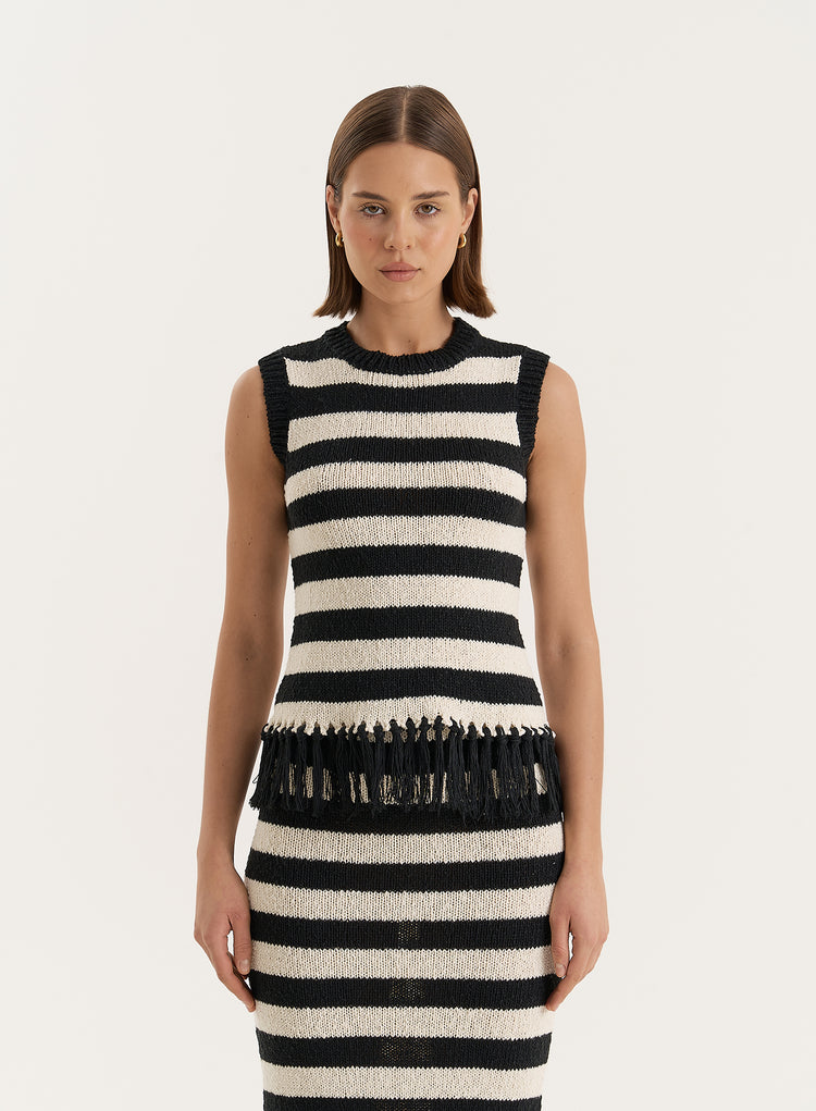 Striped Sleeveless Knitted Tassel Trim Top- Lauryn