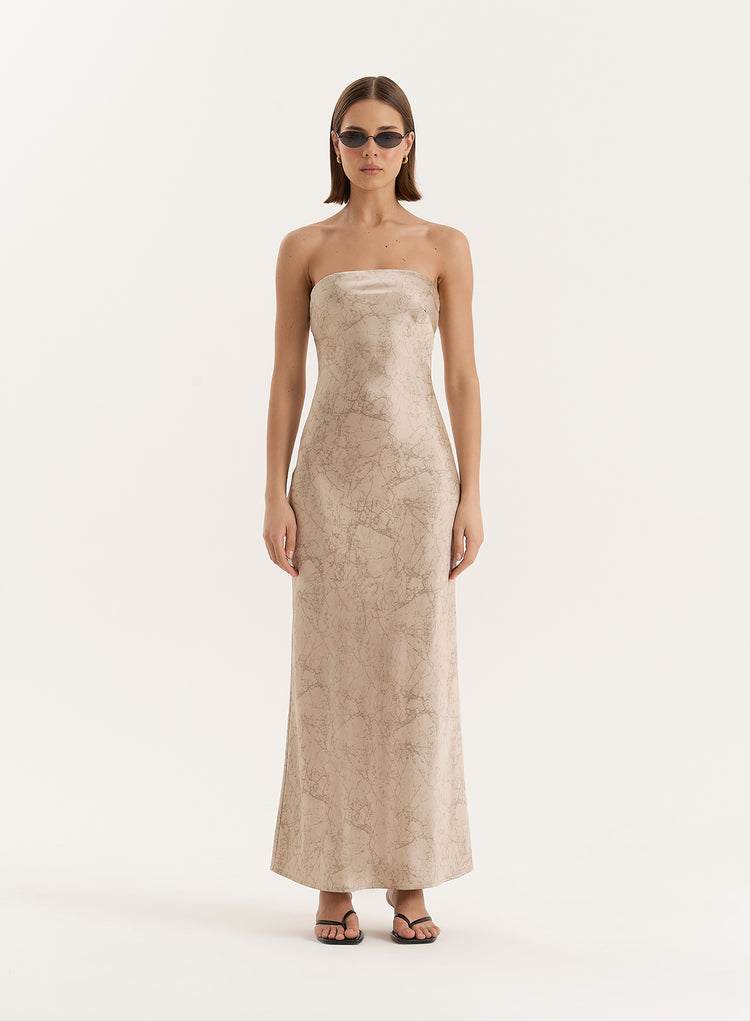 Beige Print Bandeau Satin Maxi Dress- Shona