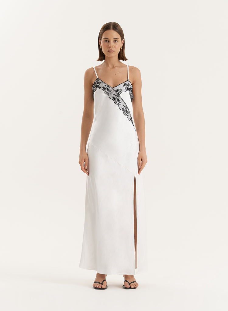 White Lace Detail Satin Slip Maxi Dress- Merida