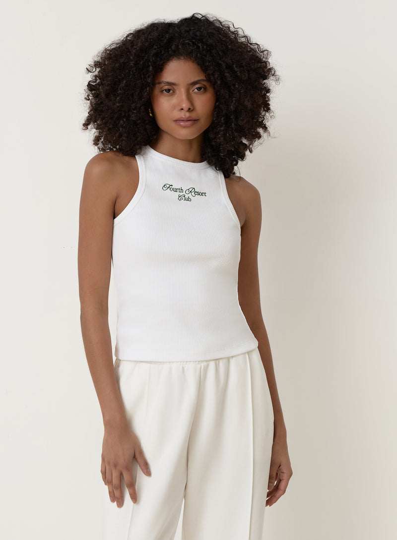 White Ribbed Embroidered Fourth Vest Top- Serena