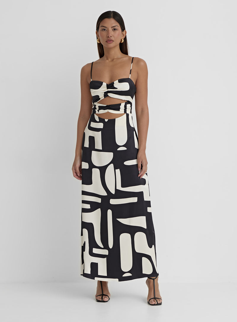 Abstract Print Satin Cut Out Detail Dress- Debora