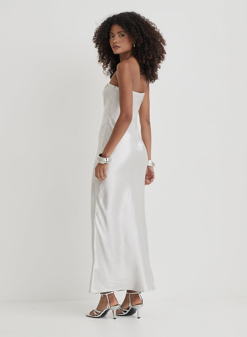 Silver Bandeau Satin Maxi Dress- Shona