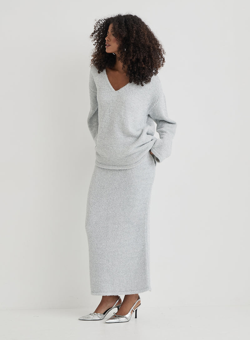 Silver Tinsel Knit Maxi Skirt- Oaklyn