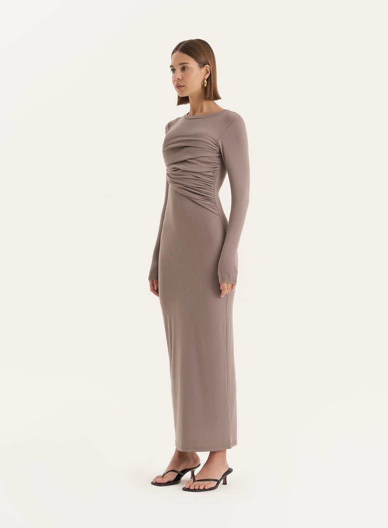 Beige Bust Detail Long Sleeve Maxi Dress- Xavier