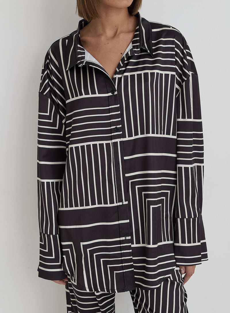 Black And Cream Abstract Print Oversized Satin Shirt- Kora