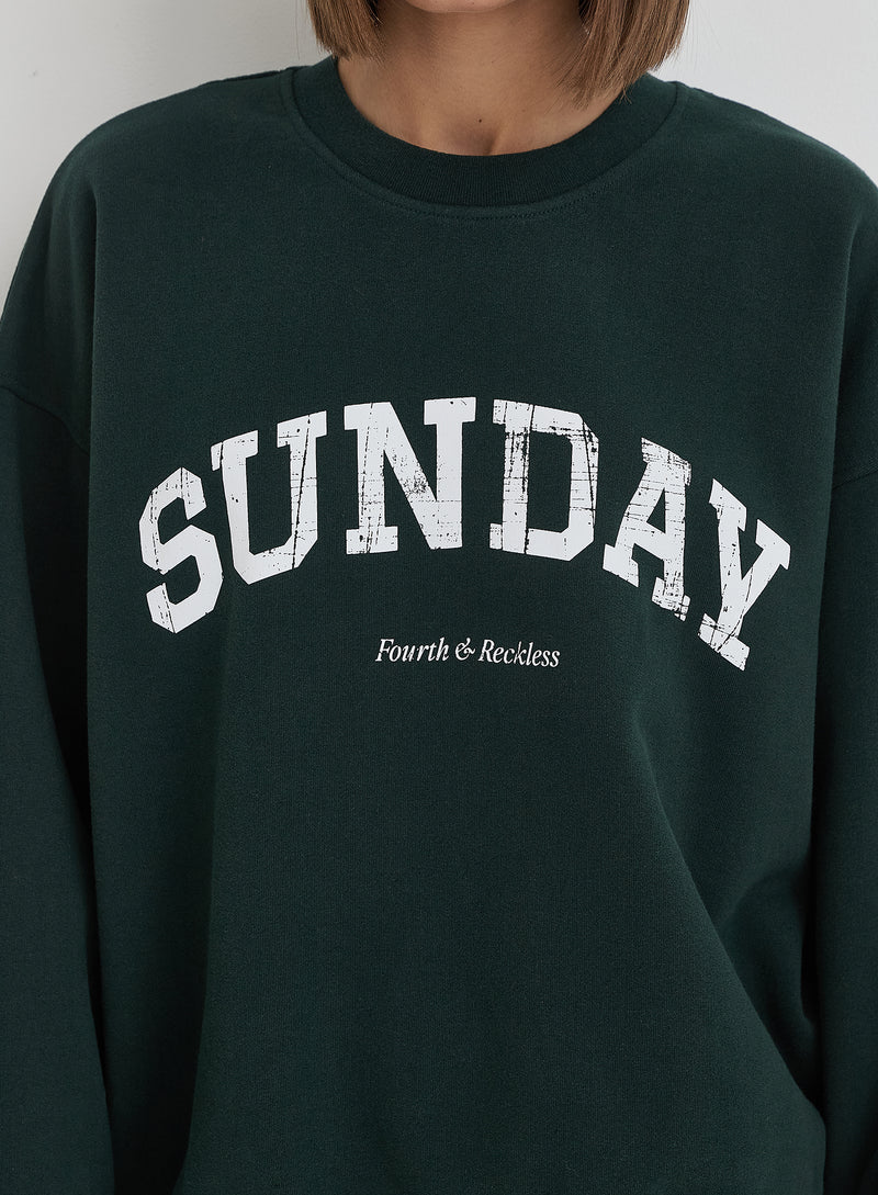 Green Distressed Sunday Slogan Oversized Sweatshirt- Amanda