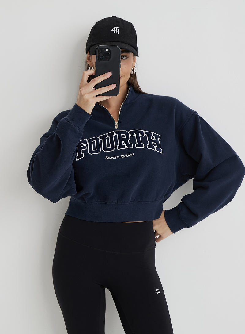 Navy Fourth Half Zip Cropped Sweatshirt- Zenya