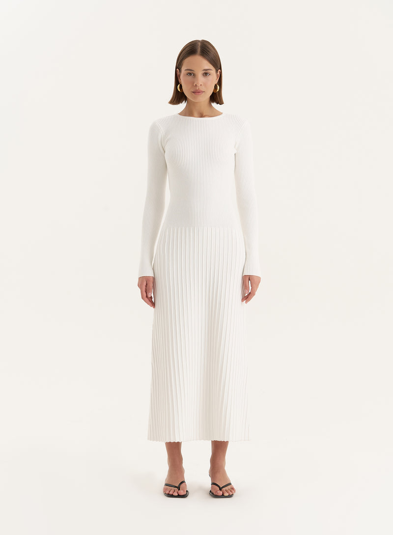 White Rib Knit Tie Back Detail Maxi Dress- Adele