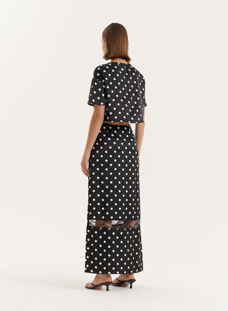 Polka Dot Satin Lace Detail Maxi Skirt- Jayda