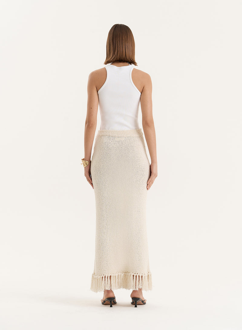 Beige Knitted Tassel Trim Maxi Skirt- Lauryn