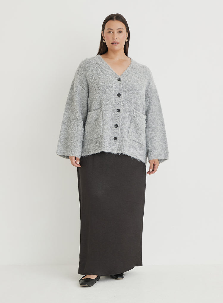 Grey Curve Brushed Knit Cardigan- Lidia