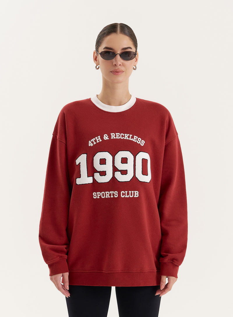 Red Contrast Trim Slogan Classic Longline Sweatshirt- Atlas