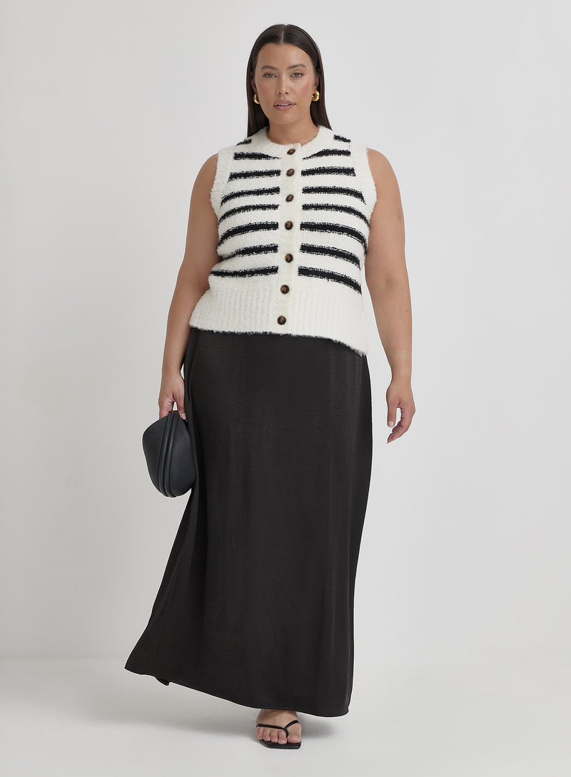 Black And Cream Curve Stripe Knitted Waistcoat- Daphie