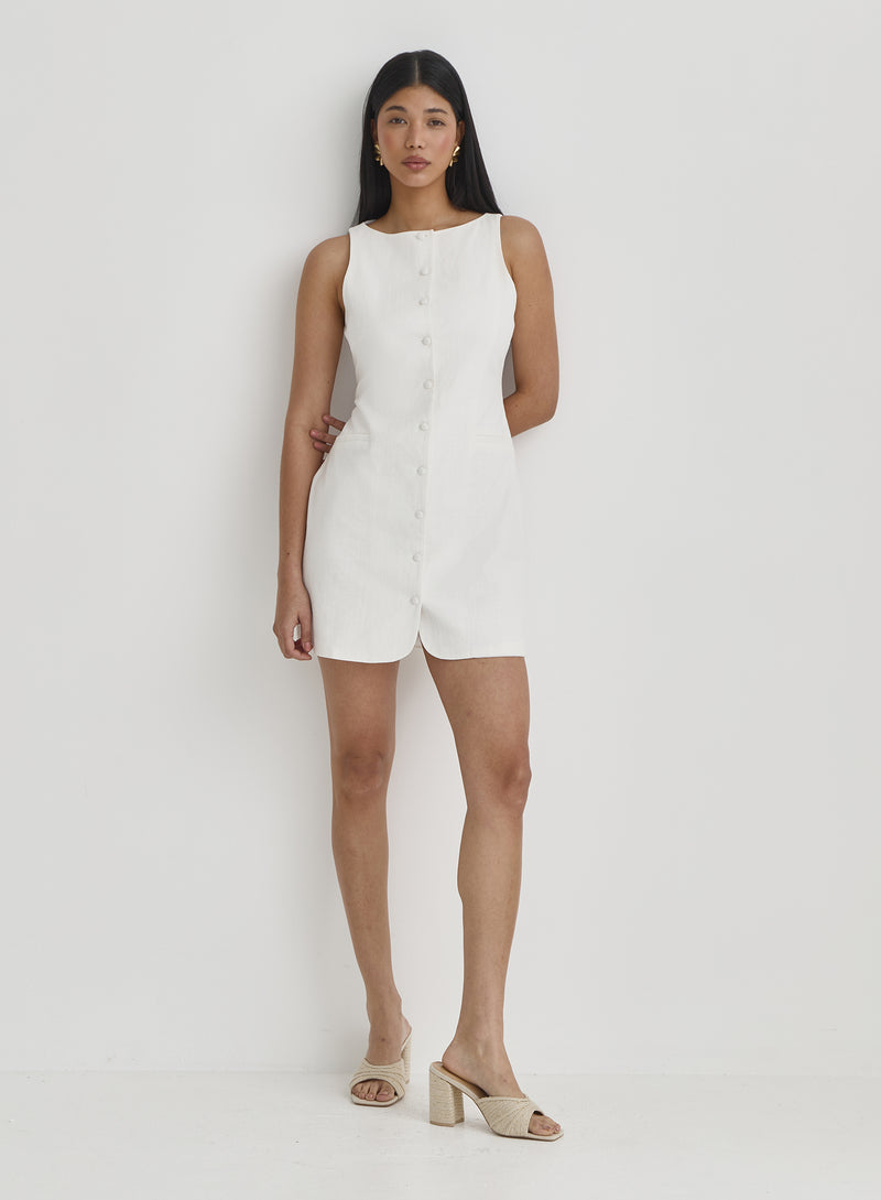 White Linen Button Mini Dress- Delaney