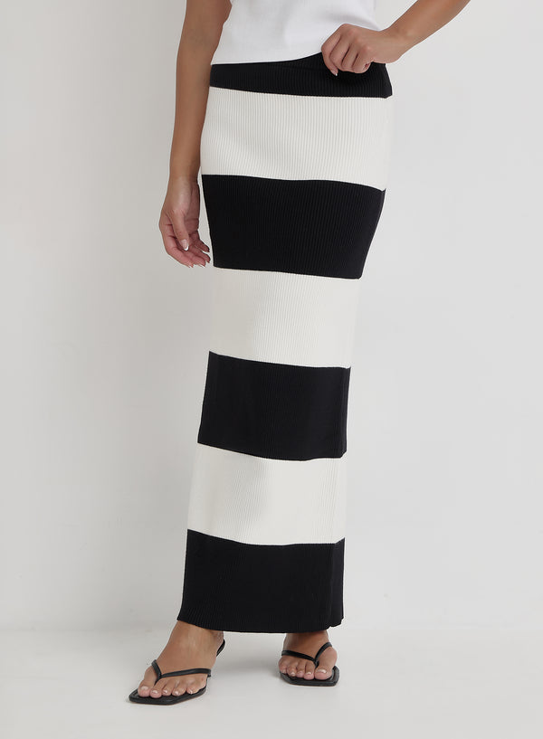 Black And Cream Stripe Knitted Maxi Skirt- Jacqueline